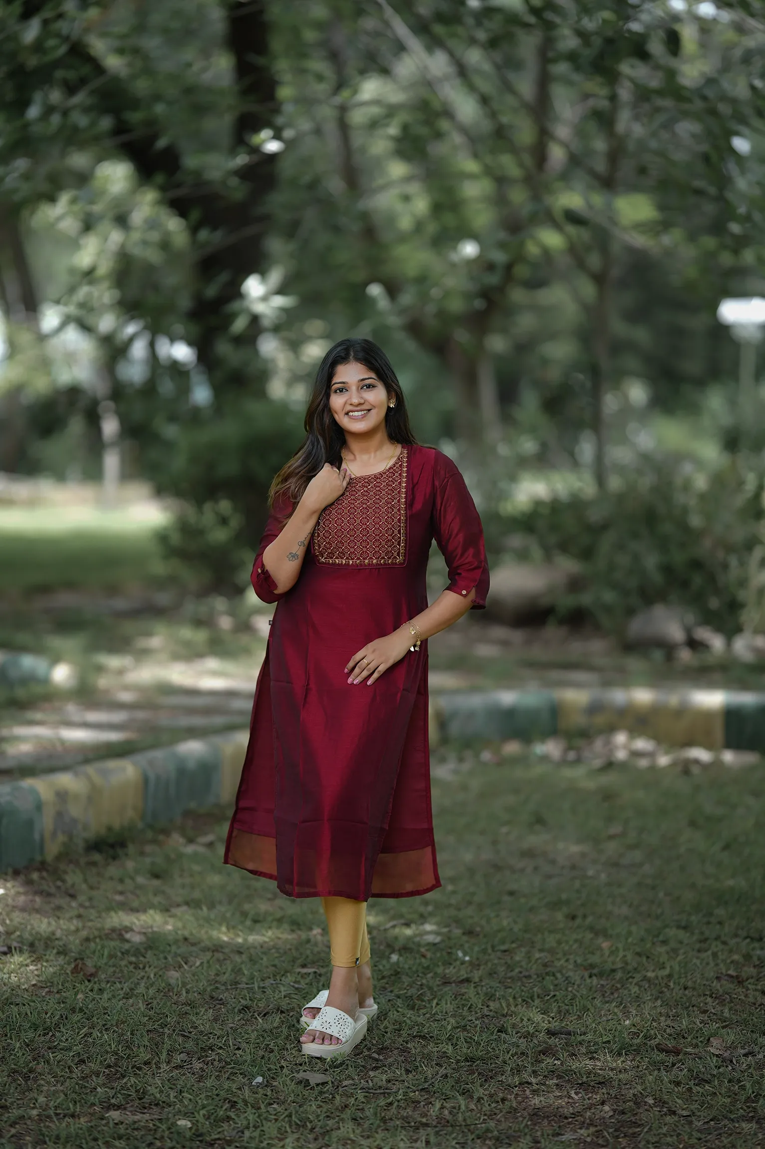 VAIDURYA Maroon Embroidered Art Silk Kurti