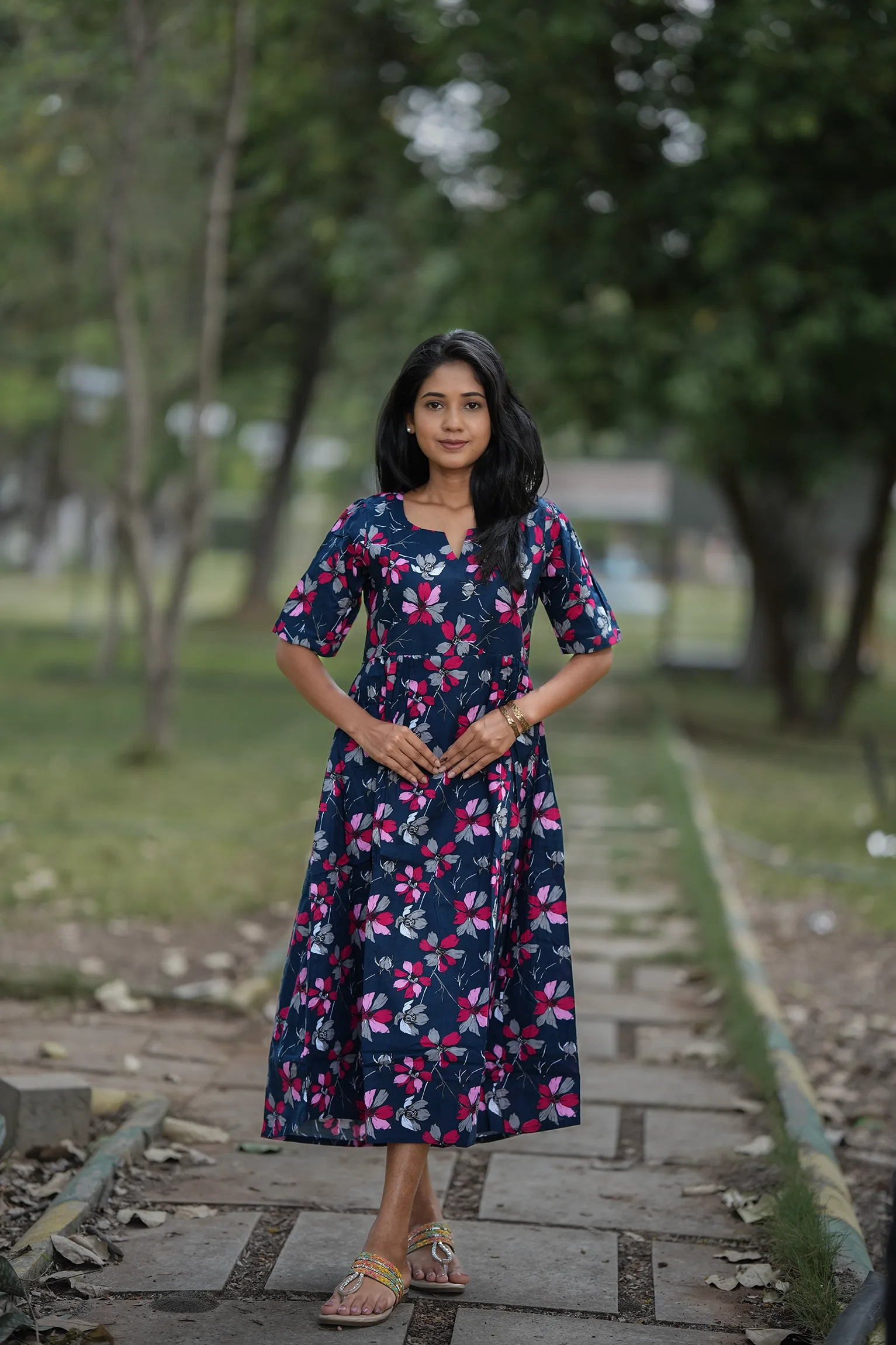 VAIDURYA Navy Floral Print Frock Kurta