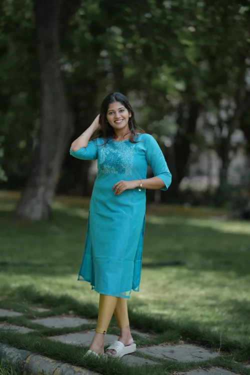 VAIDURYA Peacock Blue Embroidered Twill Net Kurti