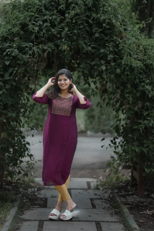 VAIDURYA Wine Embroidered Art Silk Kurti