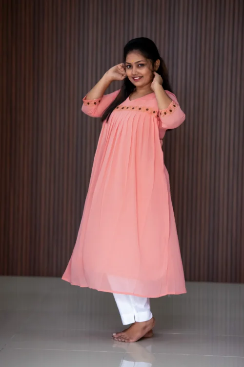 Vaiduryaa Women’s Georgette A-Line Embroidered Kurti with Lining – VSI-2011 (Pink)