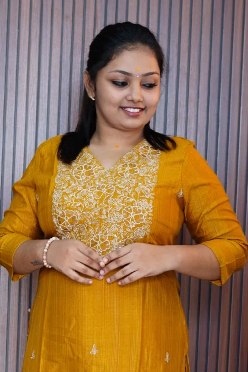 Vaiduryaa Mustard Floral Embroidery Semi Silk Kurti