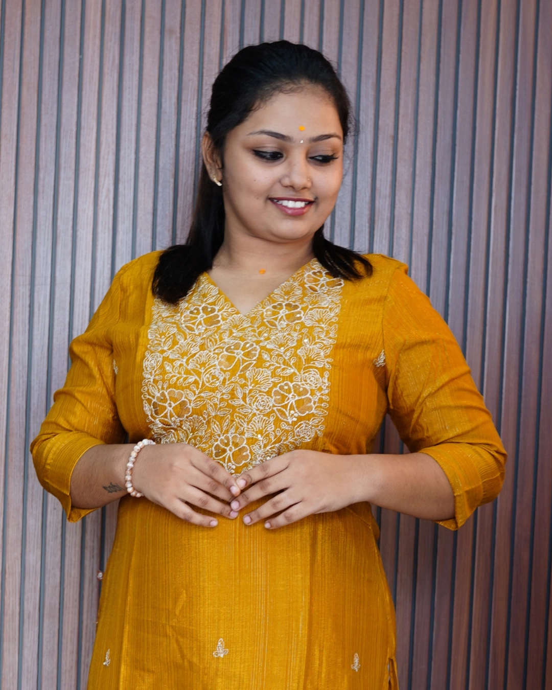 Vaiduryaa Mustard Floral Embroidery Semi Silk Kurti