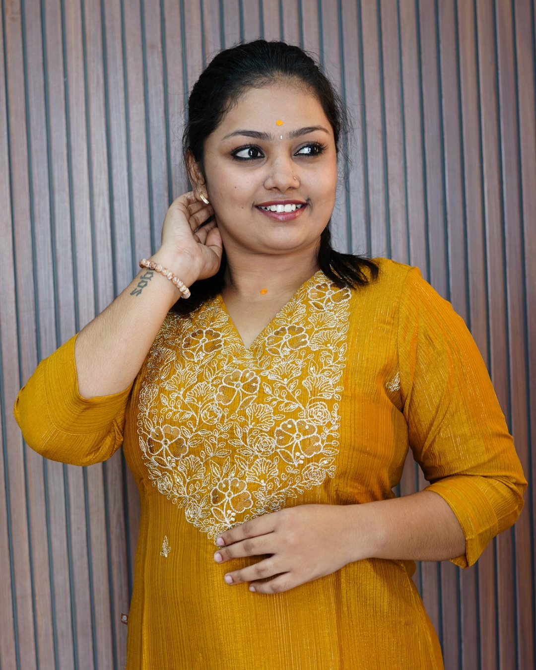 Vaiduryaa Mustard Floral Embroidery Semi Silk Kurti - Image 2