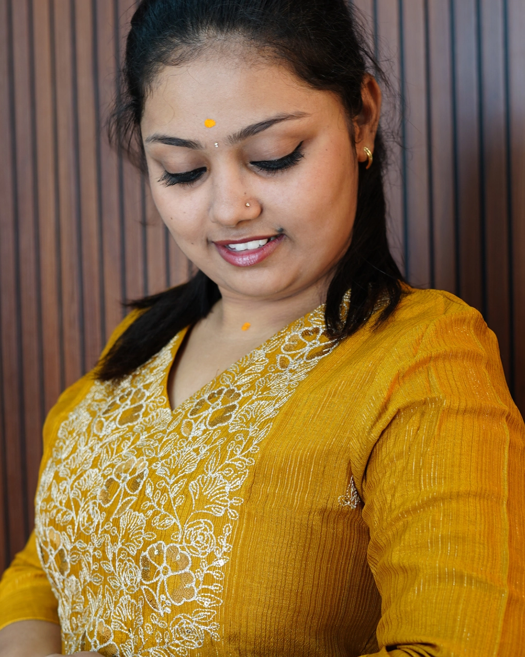 Vaiduryaa Mustard Floral Embroidery Semi Silk Kurti - Image 3