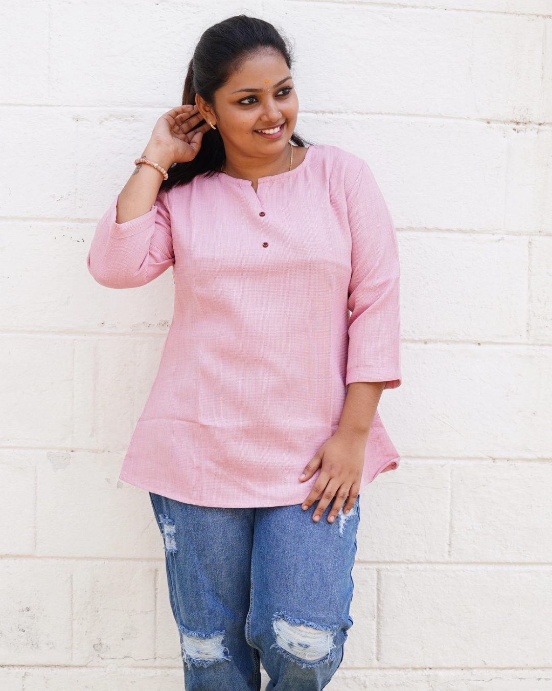 Vaiduryaa Pink Textured Button Short Top - Image 3