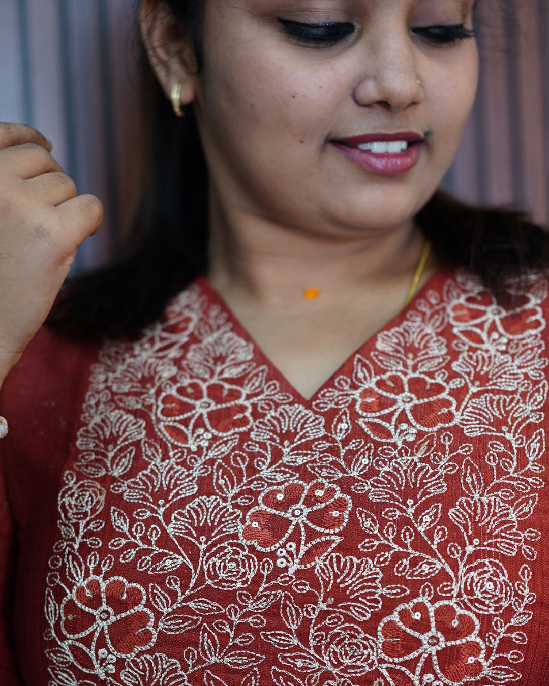 Vaiduryaa Rust Floral Embroidered Semi Silk Kurti - Image 2