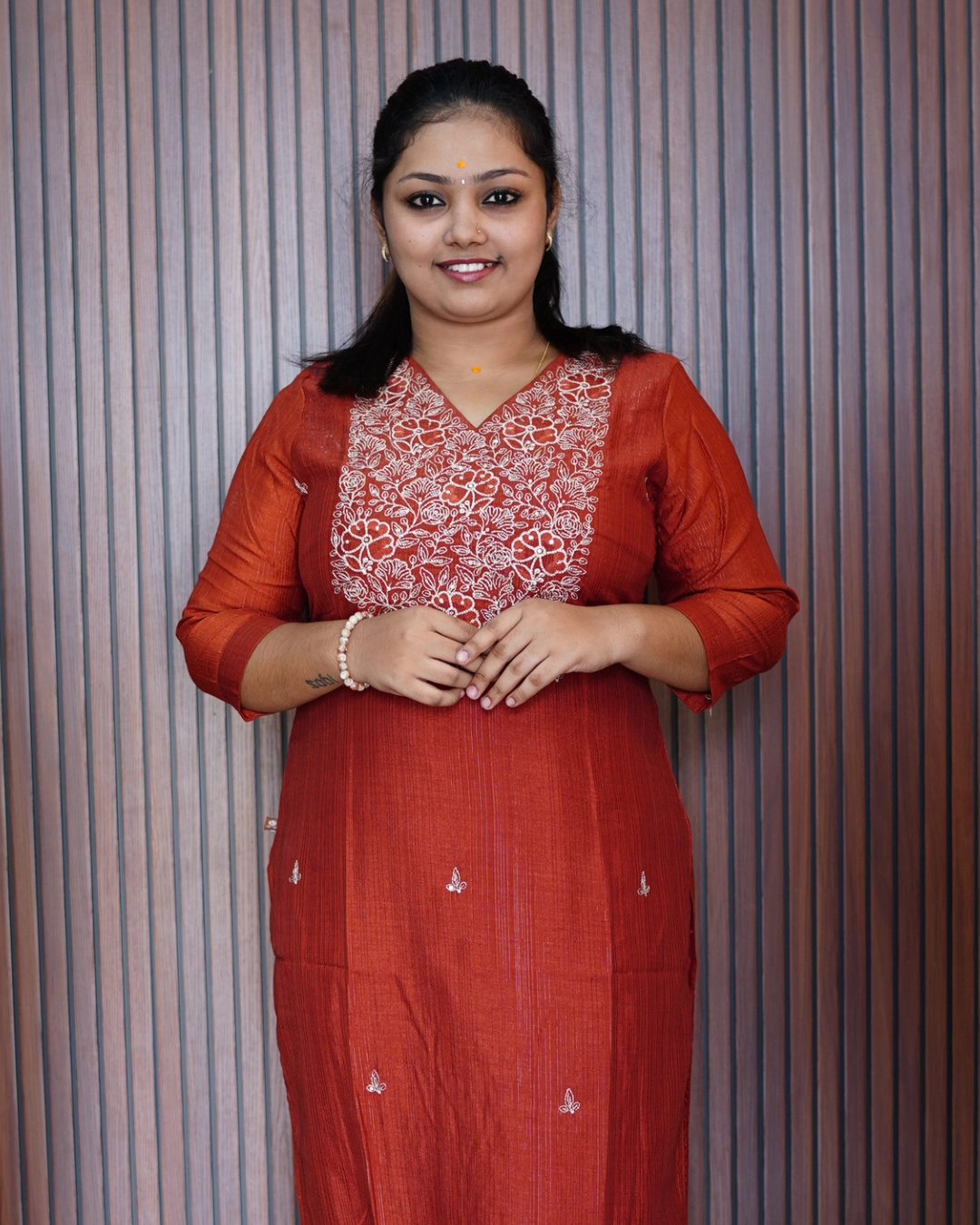 Vaiduryaa Rust Floral Embroidered Semi Silk Kurti - Image 3