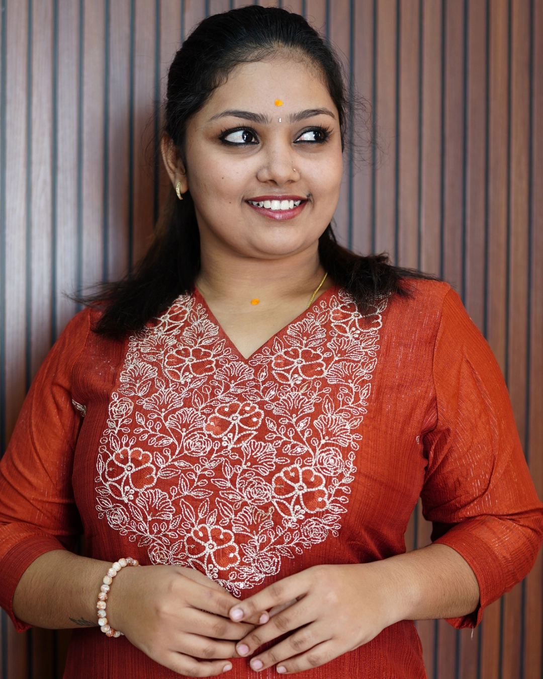 Vaiduryaa Rust Floral Embroidered Semi Silk Kurti - Image 4