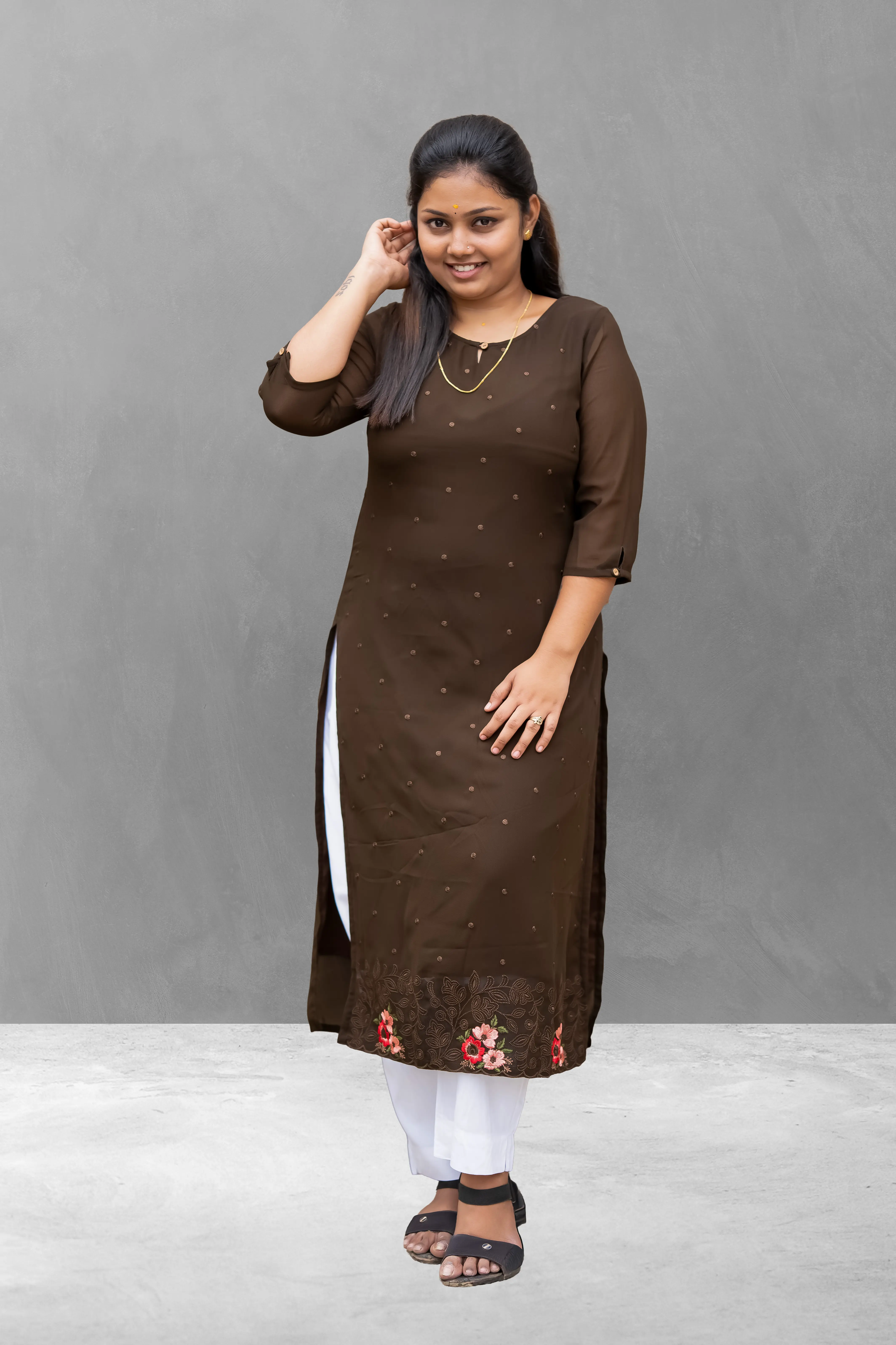 Vaiduryaa Women's Brown Embroidered Art Silk Straight Slit Kurti with Lining – VSI-2010