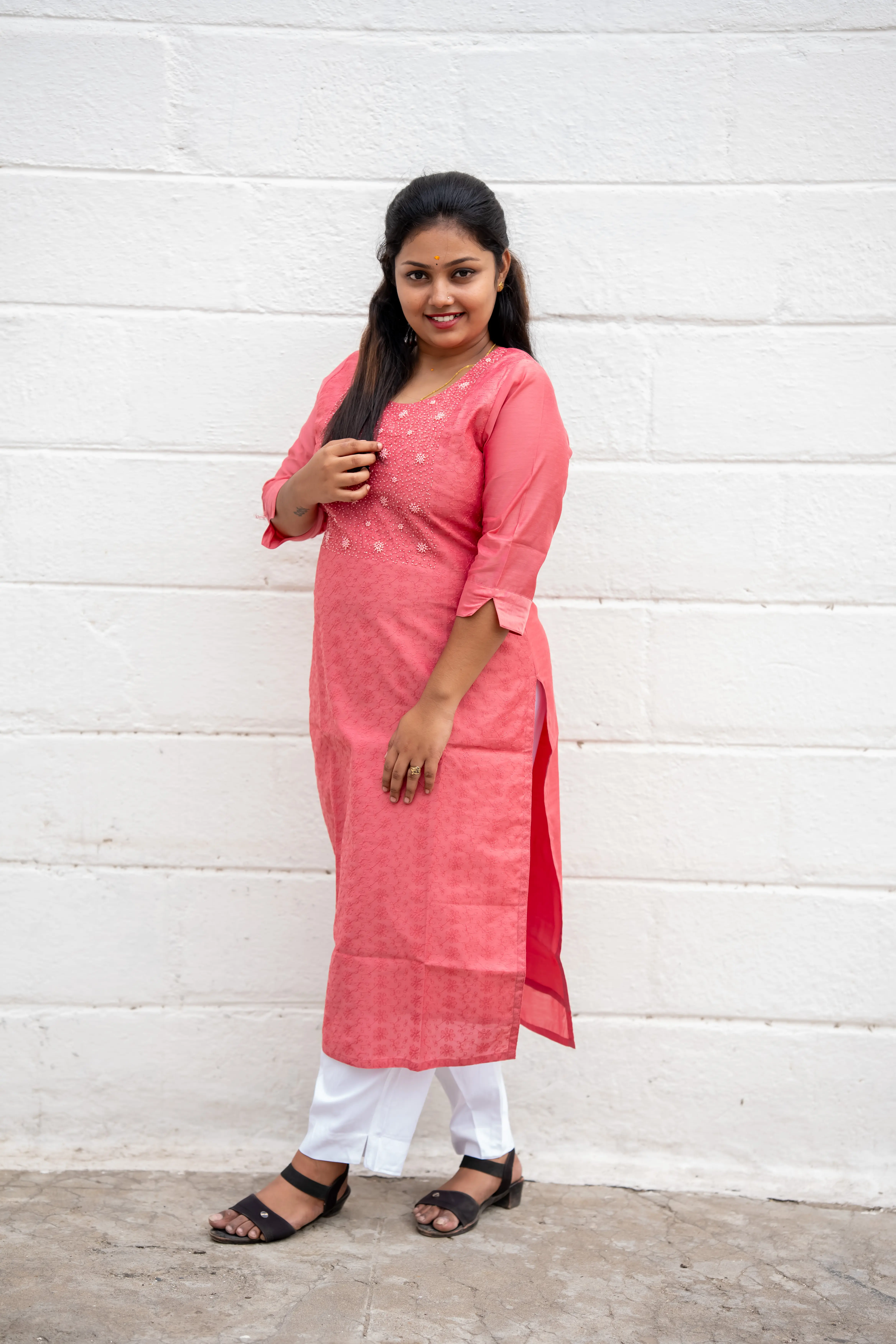 Vaiduryaa Women's Coral Pink Silk Straight Slit Kurti with Lining & Pearl Work – VSI-2009