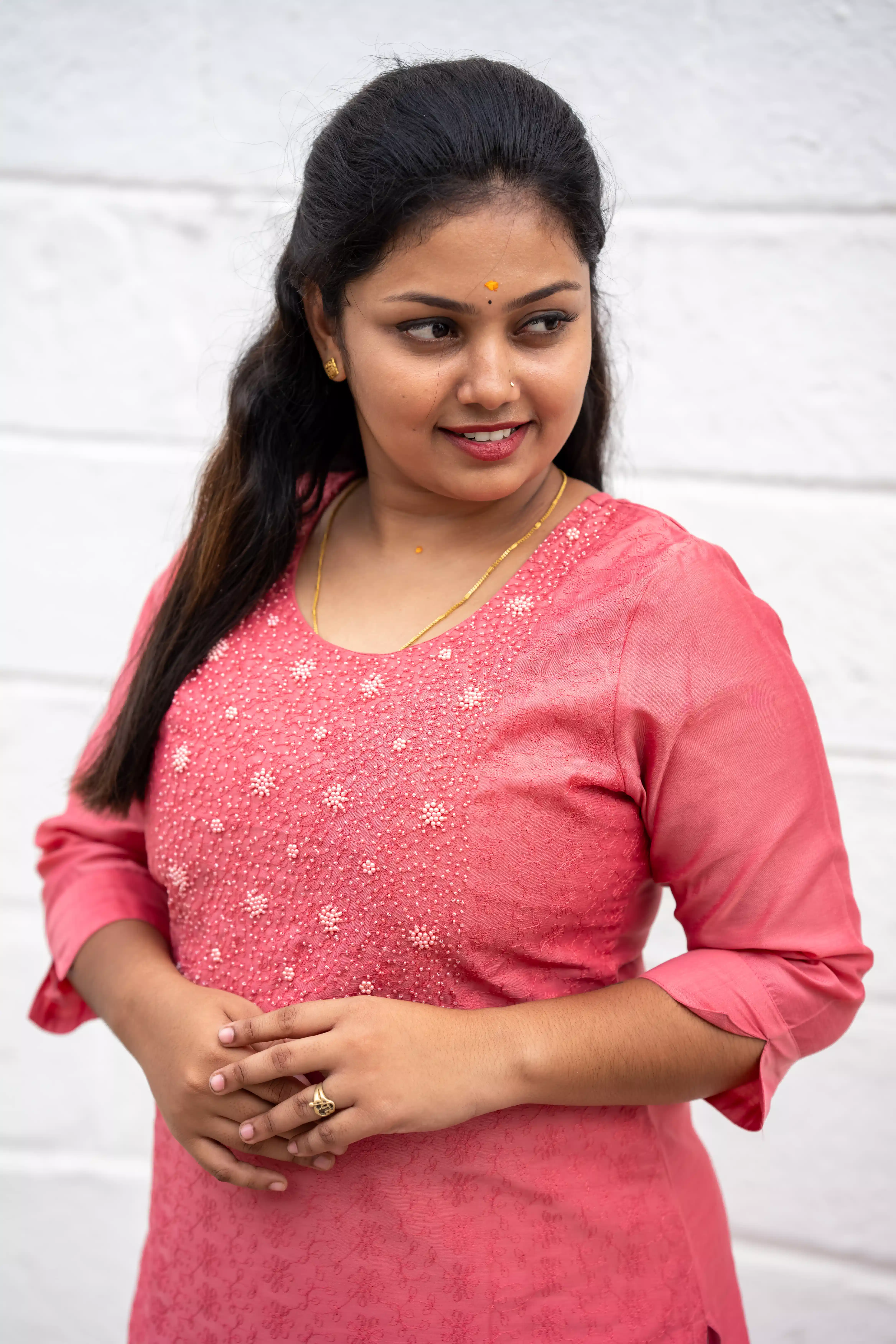 Vaiduryaa Women's Coral Pink Silk Straight Slit Kurti with Lining & Pearl Work – VSI-2009 - Image 4
