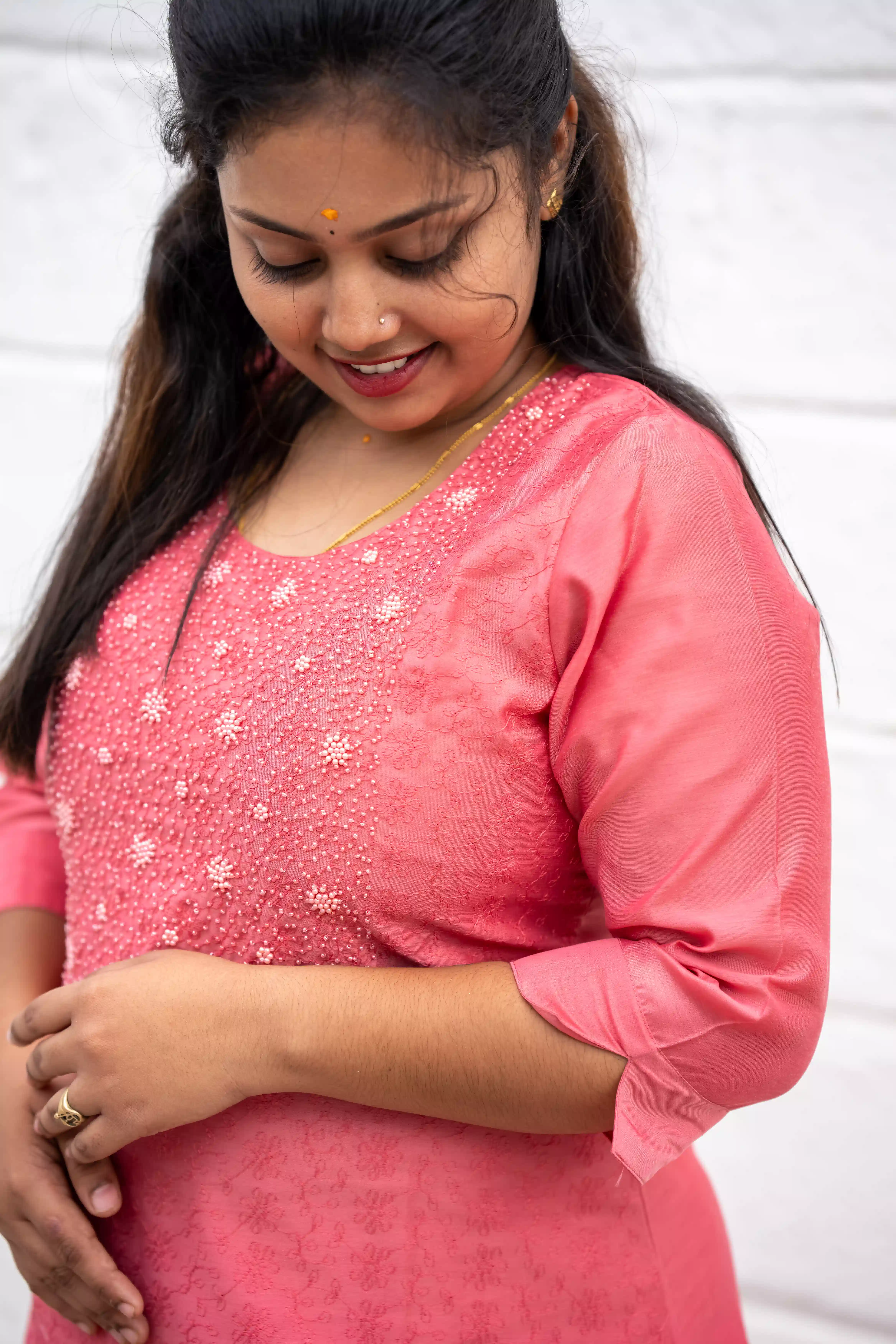 Vaiduryaa Women's Coral Pink Silk Straight Slit Kurti with Lining & Pearl Work – VSI-2009 - Image 3