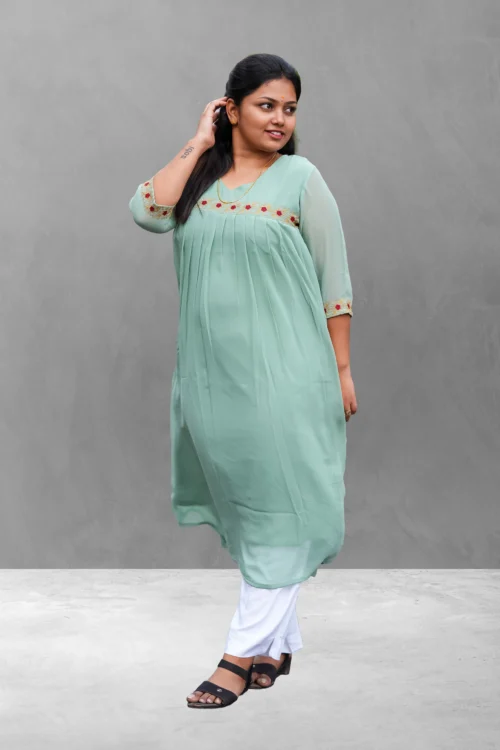 Vaiduryaa Women’s Georgette A-Line Embroidered Kurti with Lining – Mint Green | VSI-2011