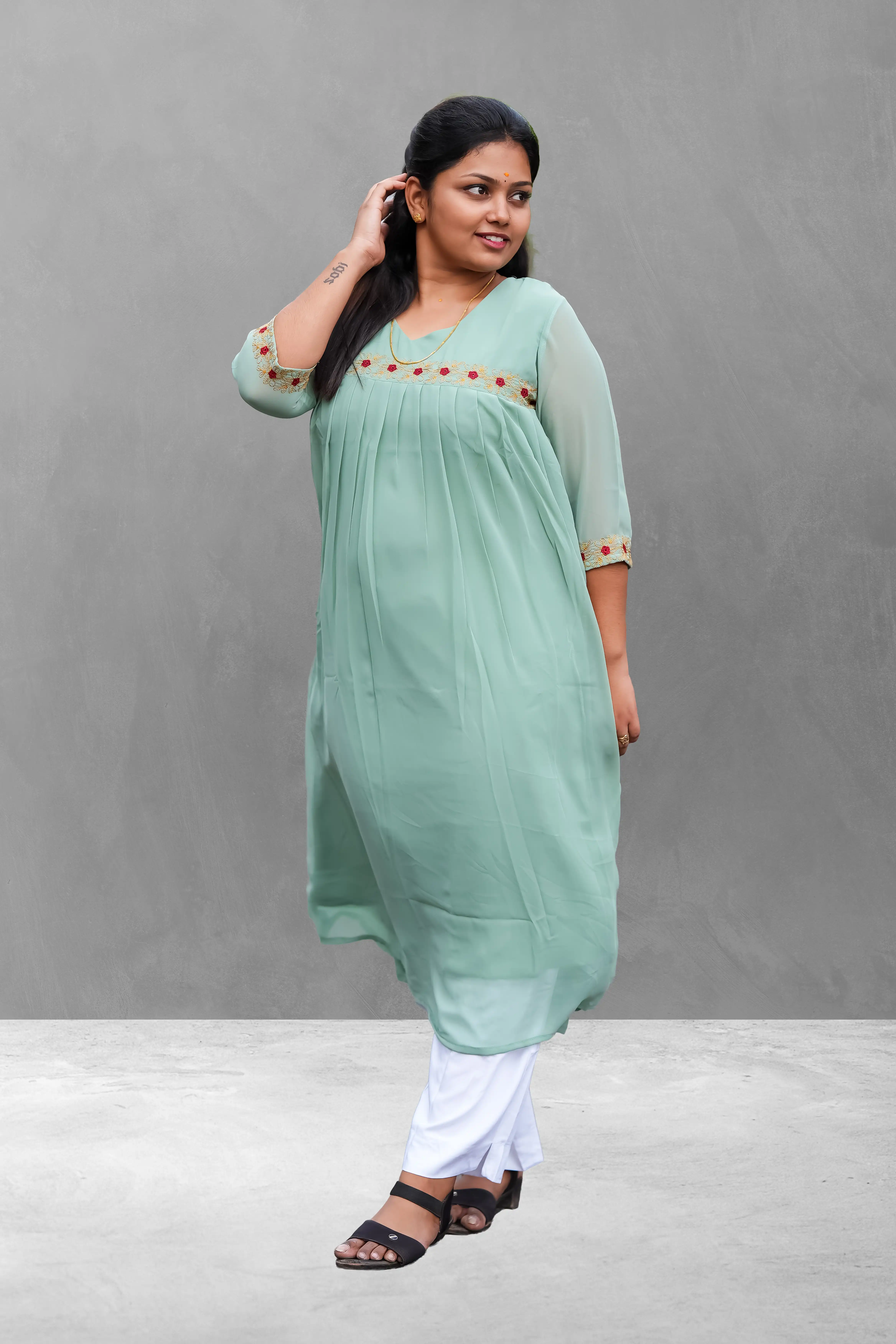 Vaiduryaa Women's Georgette A-Line Embroidered Kurti with Lining – Mint Green | VSI-2011