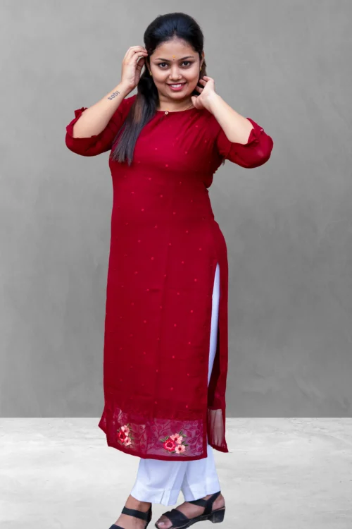 Vaiduryaa Women’s Maroon Embroidered Art Silk Straight Slit Kurti with Lining – VSI-2010