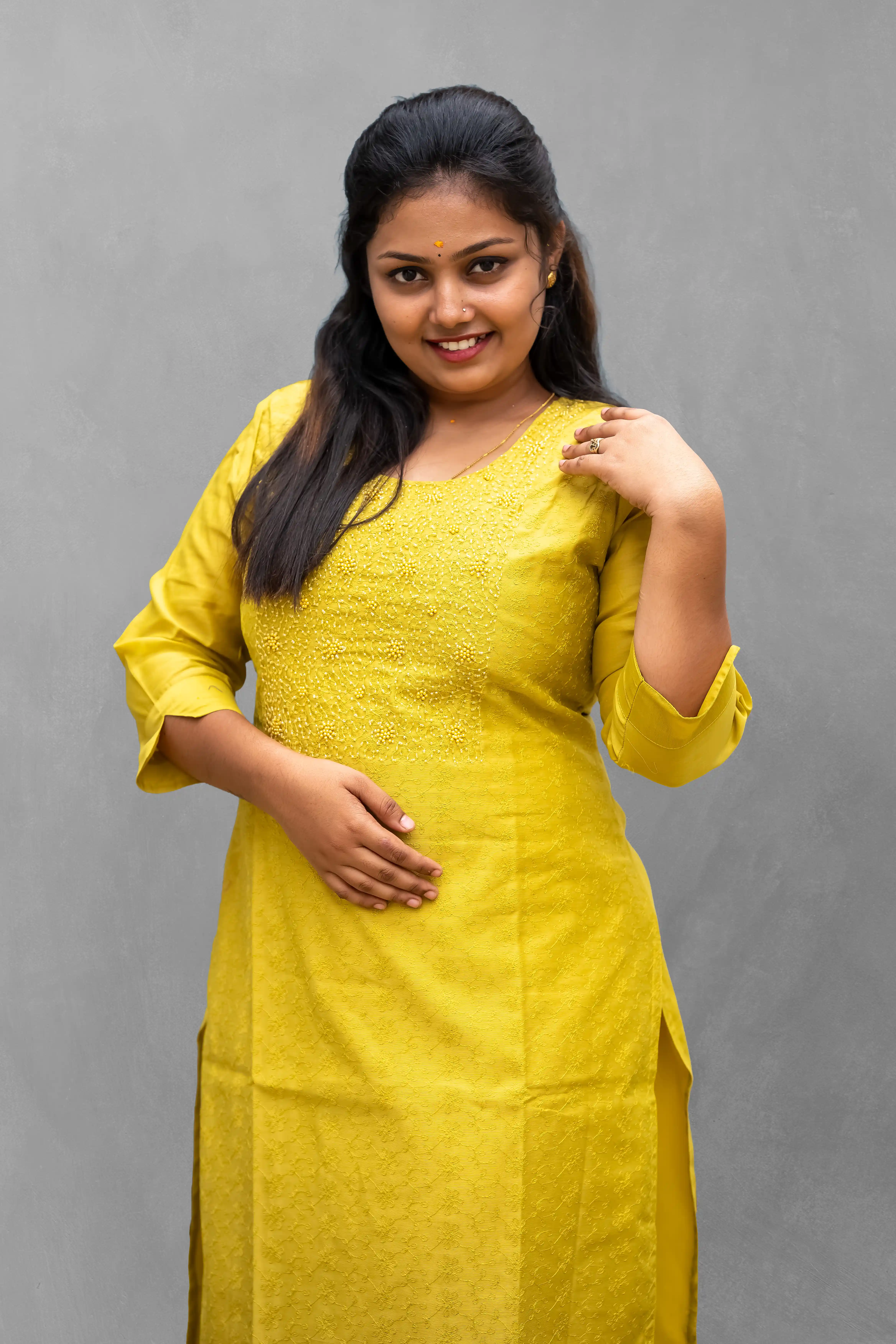 Vaiduryaa Women's Mustard Yellow Silk Straight Slit Embroidered Kurti – VSI-2010 - Image 3