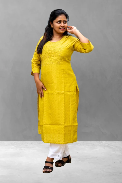 Vaiduryaa Women’s Mustard Yellow Silk Straight Slit Embroidered Kurti – VSI-2010