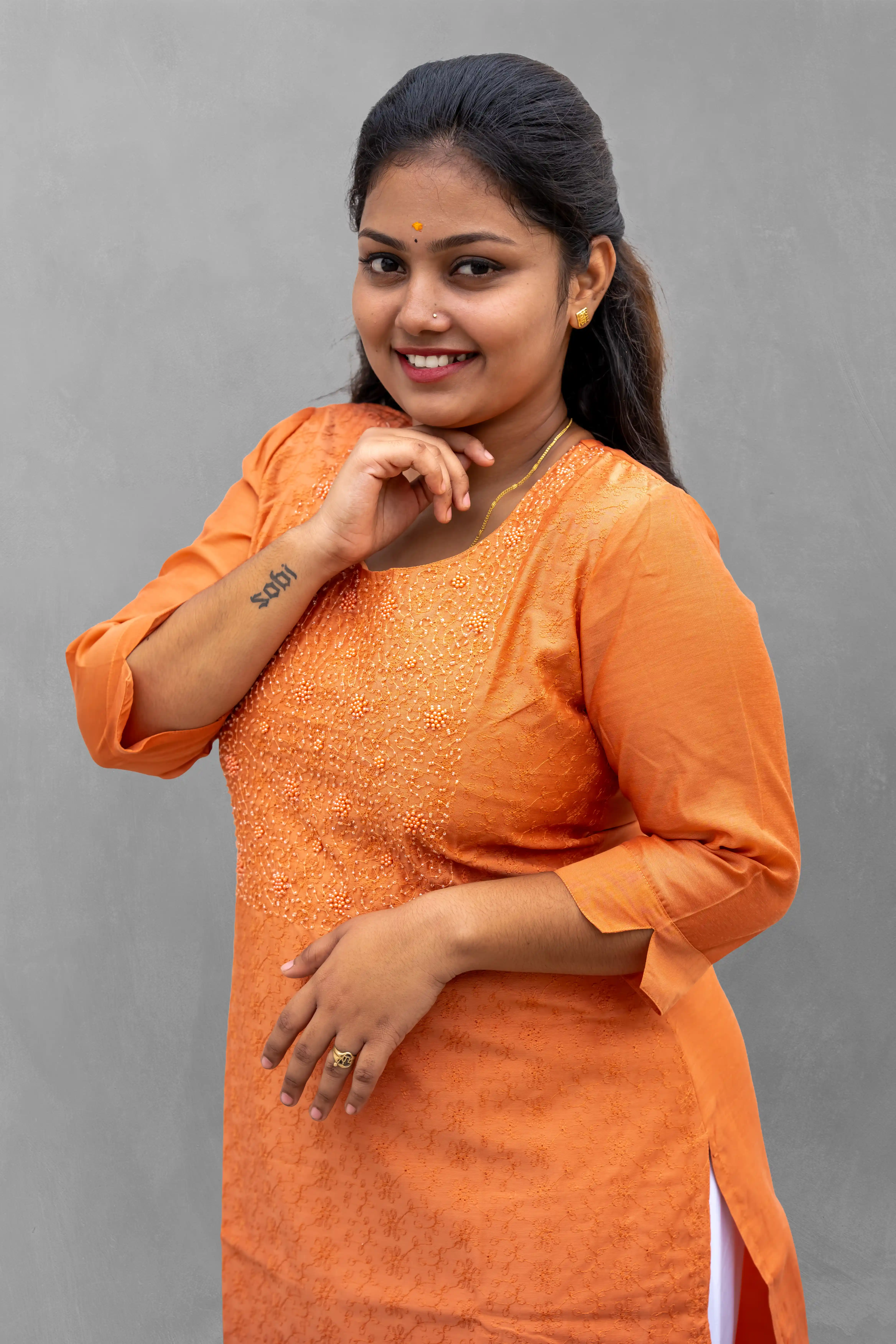 Vaiduryaa Women's Orange Silk Straight Slit Pearl Work Kurti with Lining – VSI-2009 - Image 2