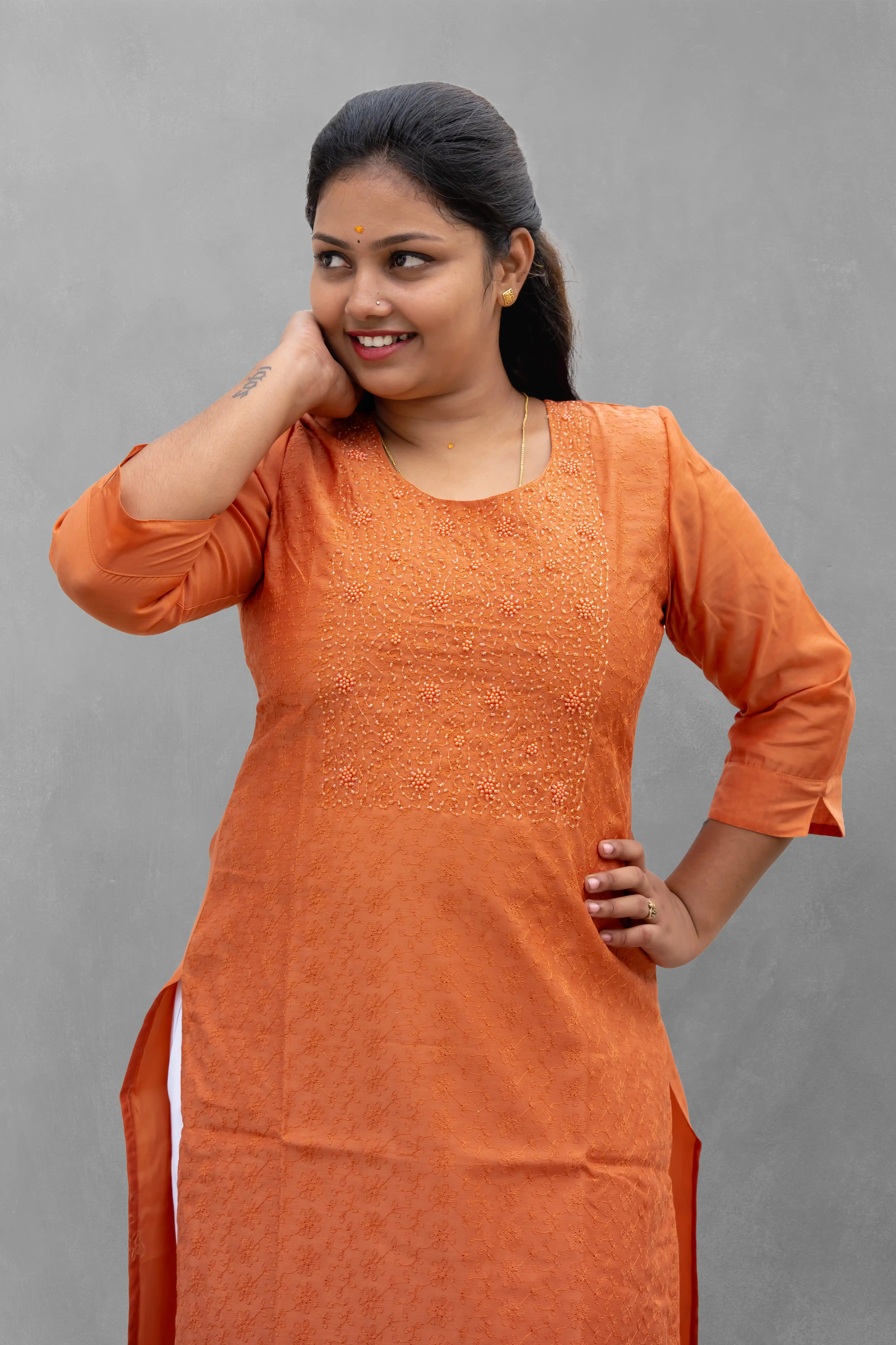 Vaiduryaa Women's Orange Silk Straight Slit Pearl Work Kurti with Lining – VSI-2009 - Image 3