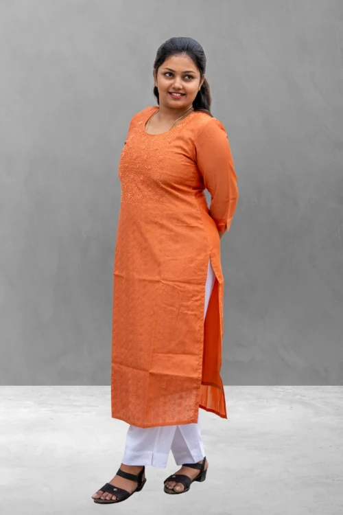 Vaiduryaa Women’s Orange Silk Straight Slit Pearl Work Kurti with Lining – VSI-2009