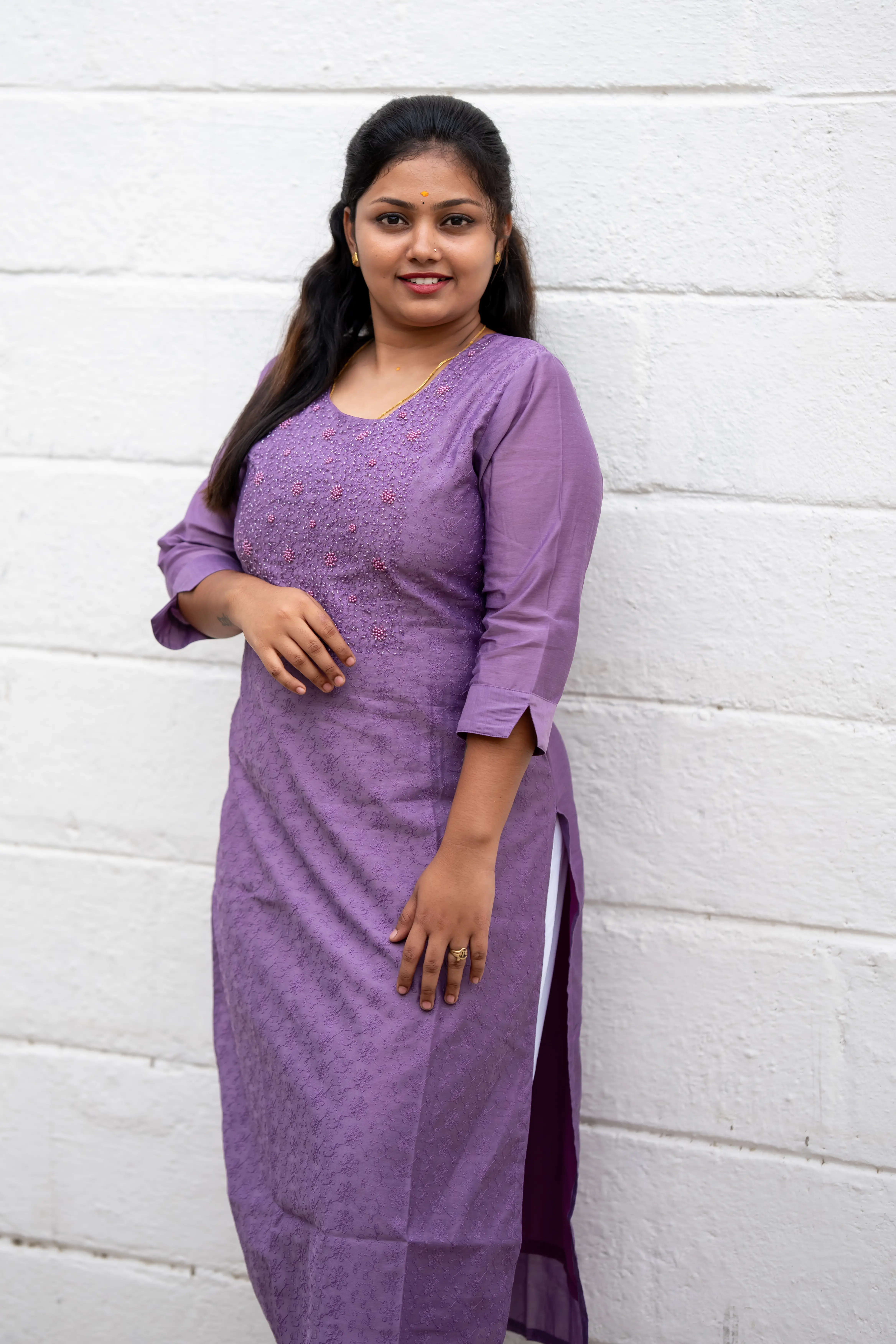 Vaiduryaa Women's Purple Silk Straight Slit Pearl Work Kurti with Lining – VSI-2009 - Image 2