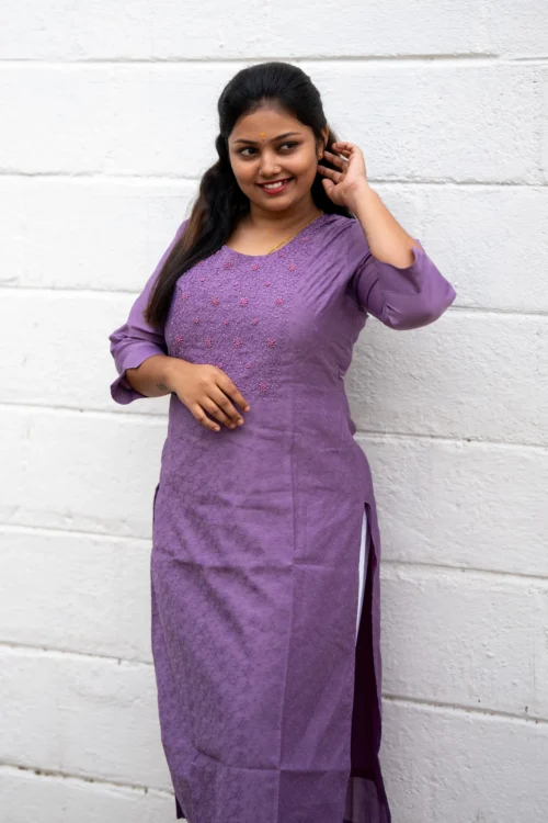 Vaiduryaa Women’s Purple Silk Straight Slit Pearl Work Kurti with Lining – VSI-2009