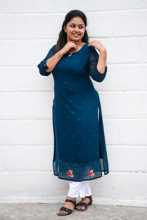 Vaiduryaa Women’s Teal Blue Embroidered Art Silk Straight Slit Kurti with Lining – VSI-2010