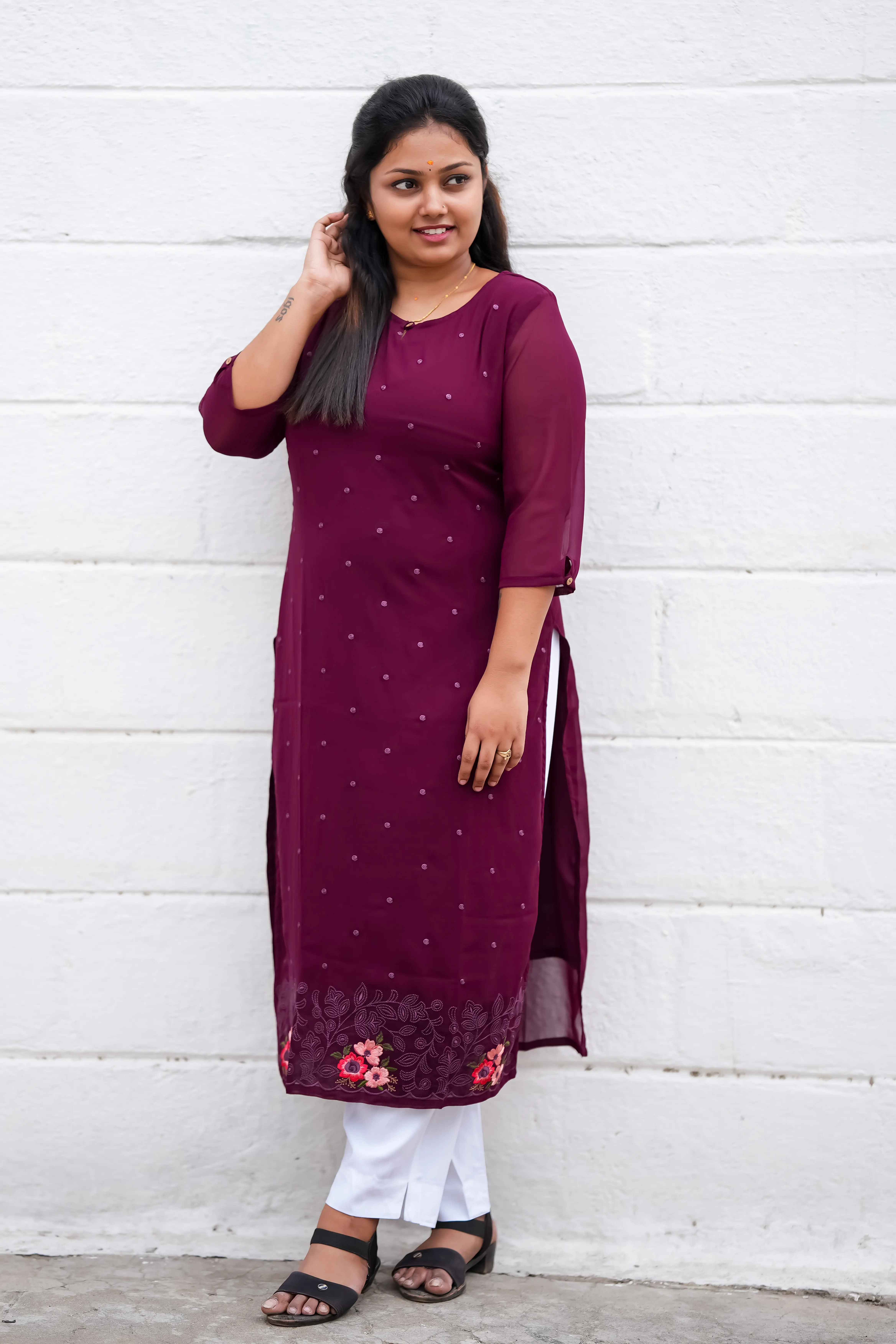 Vaiduryaa Women's Wine Embroidered Art Silk Straight Slit Kurti with Lining – VSI-2010